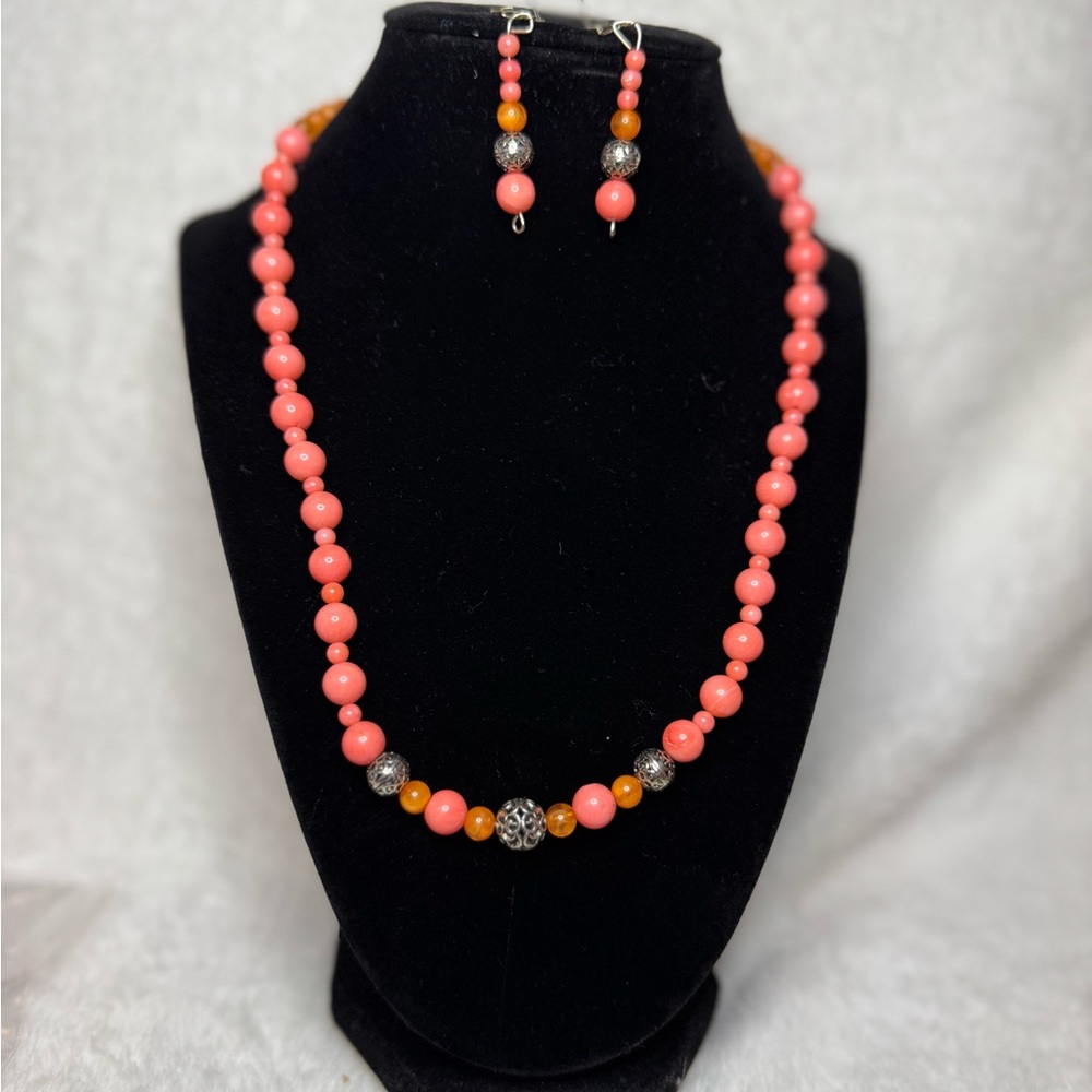Elegant Precious Coral and Orange Sapphire Beaded Necklace and Earring Set